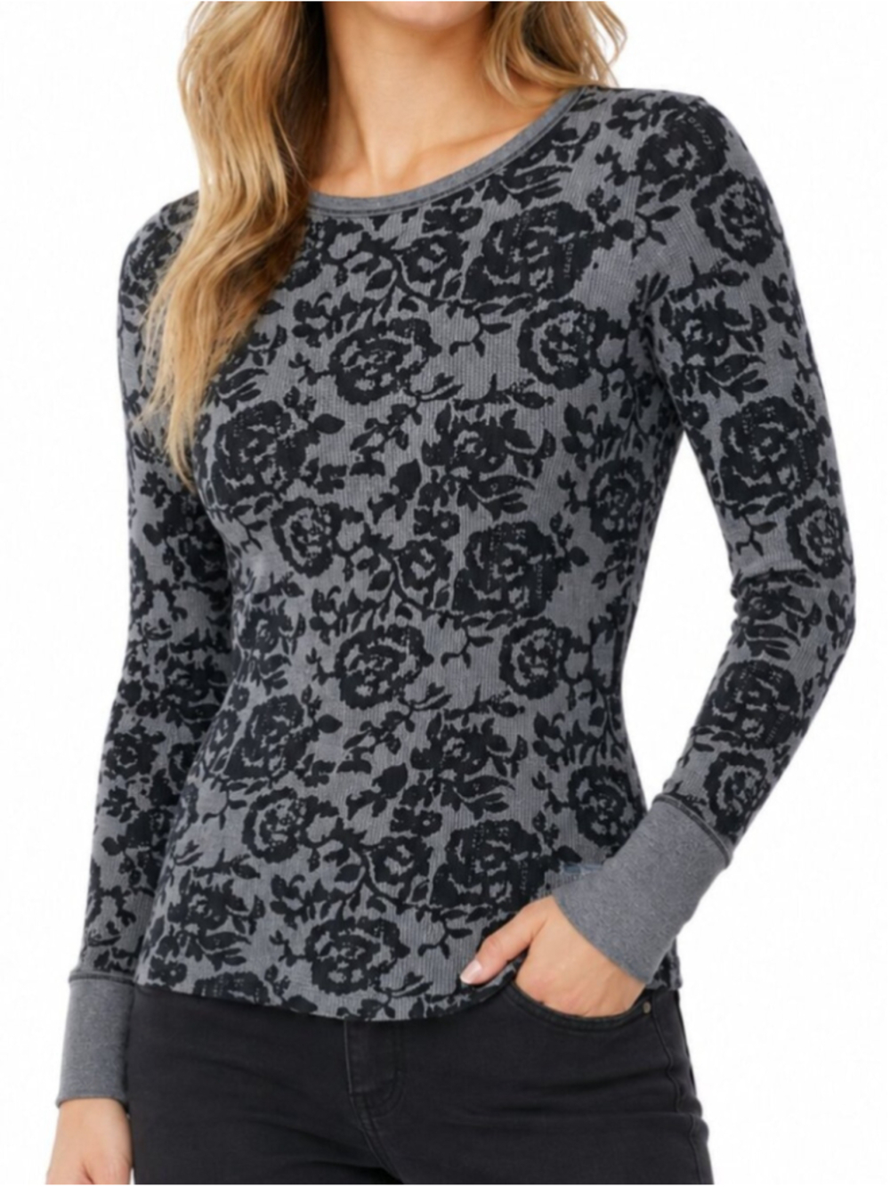COLUMBIA Thermal Waffle Knit Long Sleeve Top Grey Black Floral Medium Base Layer